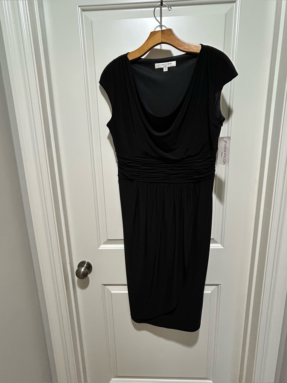Evan Picone women’s size 10 NWT Midi Black Cowl-Neck Ruched Waist Sheath Dress
